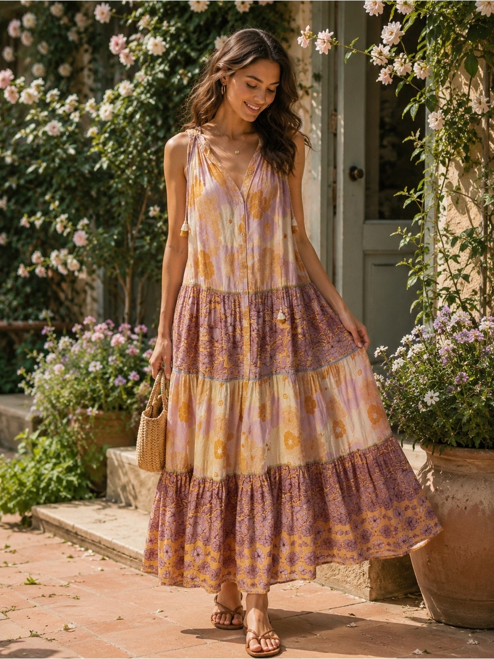Carolina K Vall Maxi Isidora Purple Peonies Floral Tiered Maxi Dress Boho Size S